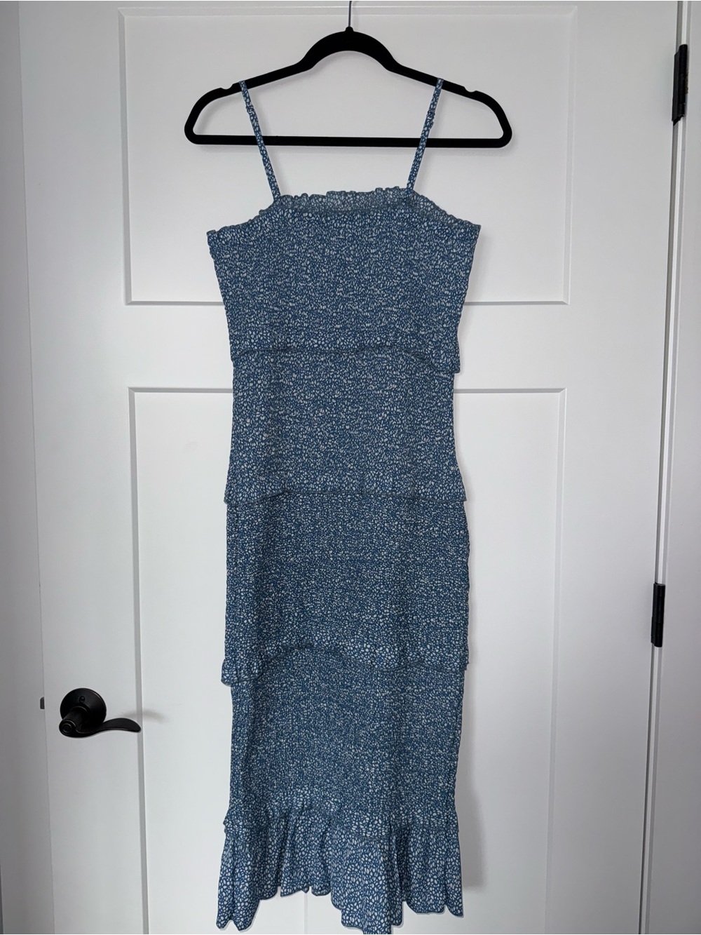 Blue Spaghetti-Strap Tiered Midi Dress